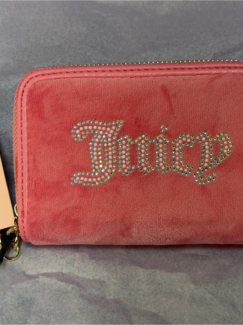 Juicy Couture Pink Double Zip Wallet with Crystal Logo "string of pearls" NWT